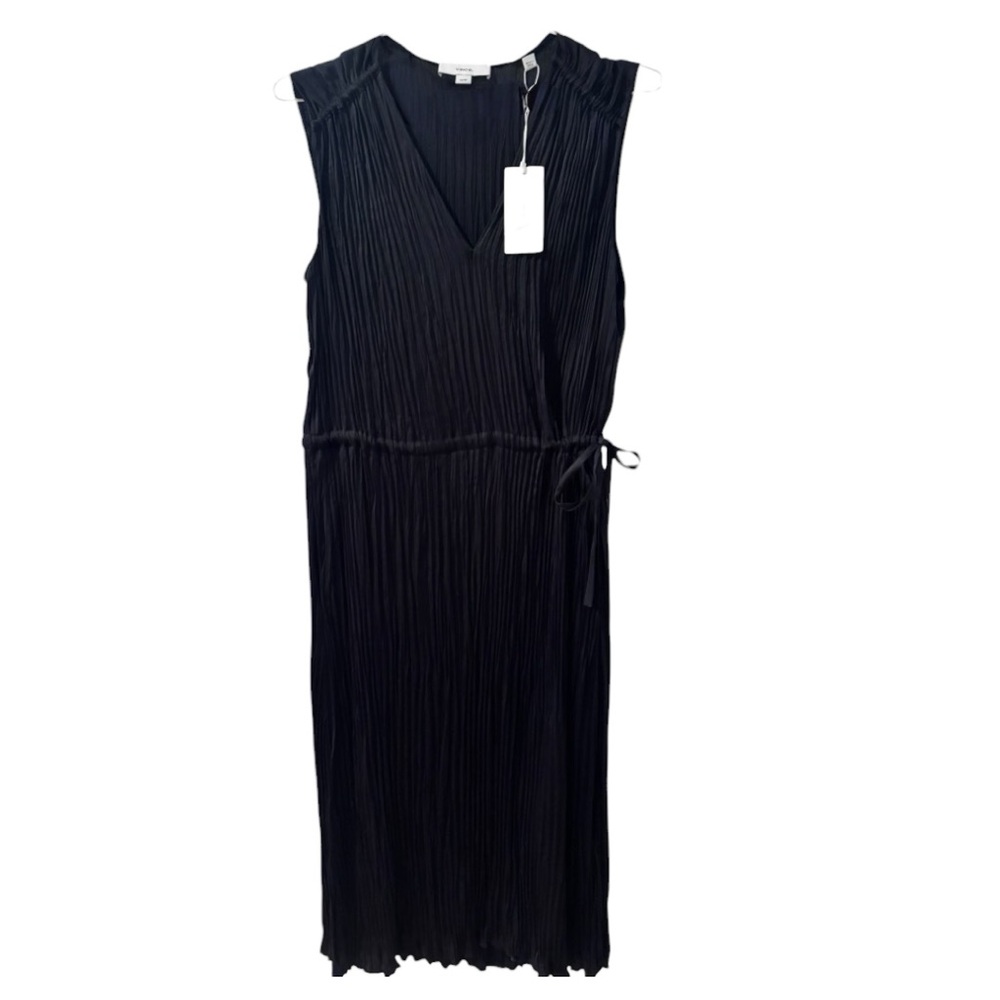 Vince Pleated V-Neck Drawstring Midi Dress Black  Minimalist Sleeveless - Picture 6 of 7